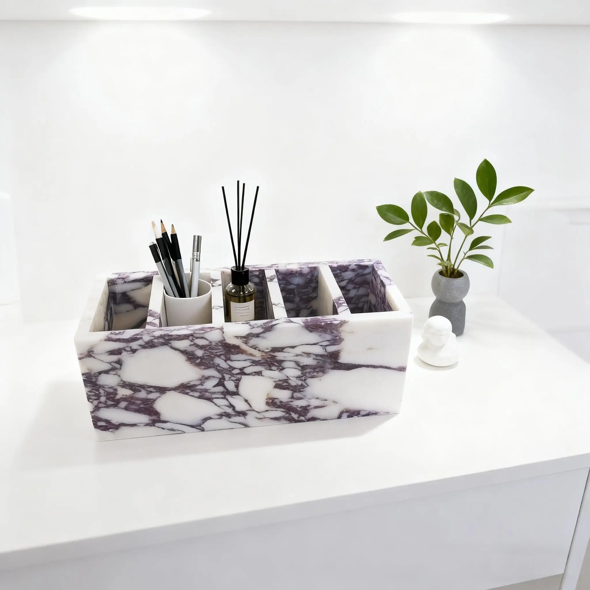 

Calacatta Violet Marble Box, 5 Layers Organizer, Natural Stone Desktop Holder for Pen Pencil, Utensils & Makeup Brushes​ Storage