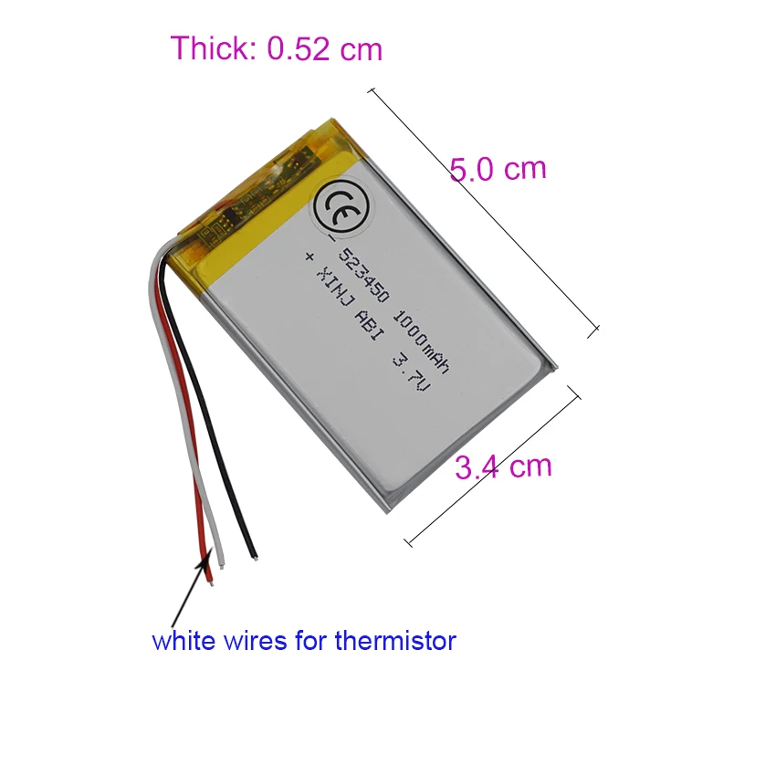 Bateria litowo-polimerowa 3,7 V 1000 mAh523450 Złącze JST 3pin 1.0/1.25/1.5/2.0/2.554mm do słuchawek Bluetooth z kamerą GPS PDA