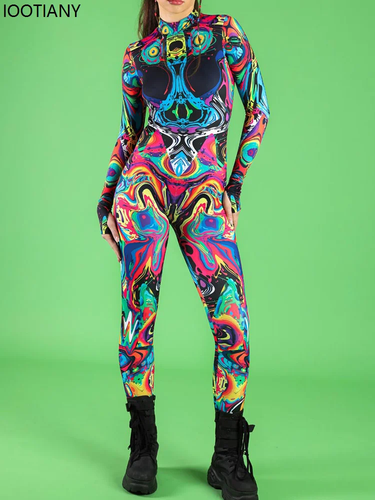 Women Abstract Art Print Jumpsuit Plaid Bodysuit With Rainbow Symbol Festival Zentai Suit Halloween Party Morphsuit Rave Outfits