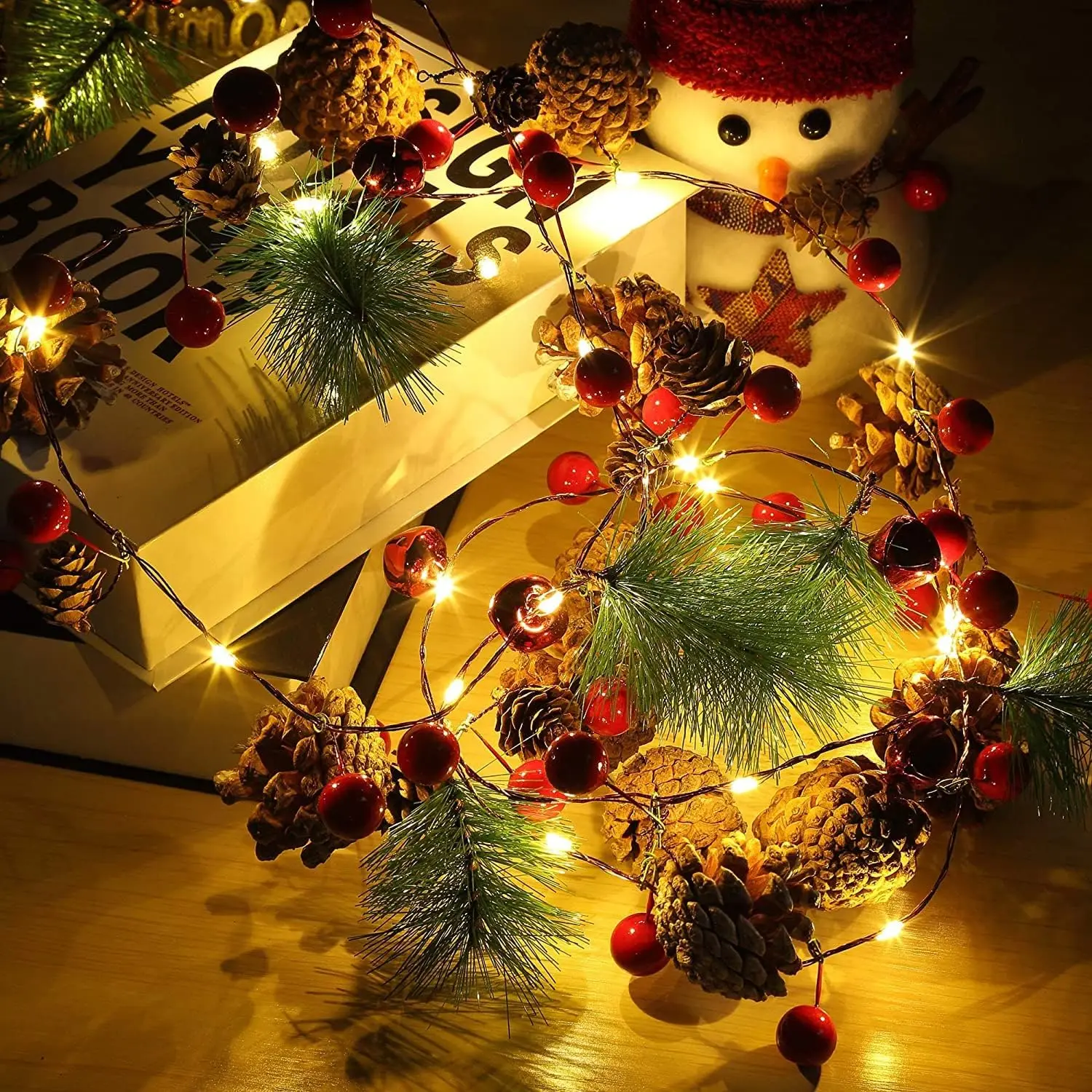 Christmas Garland with Lights Pinecone Red Berry Garland Light Battery Operated Indoor Outdoor Xmas Decoration for Tree Stair