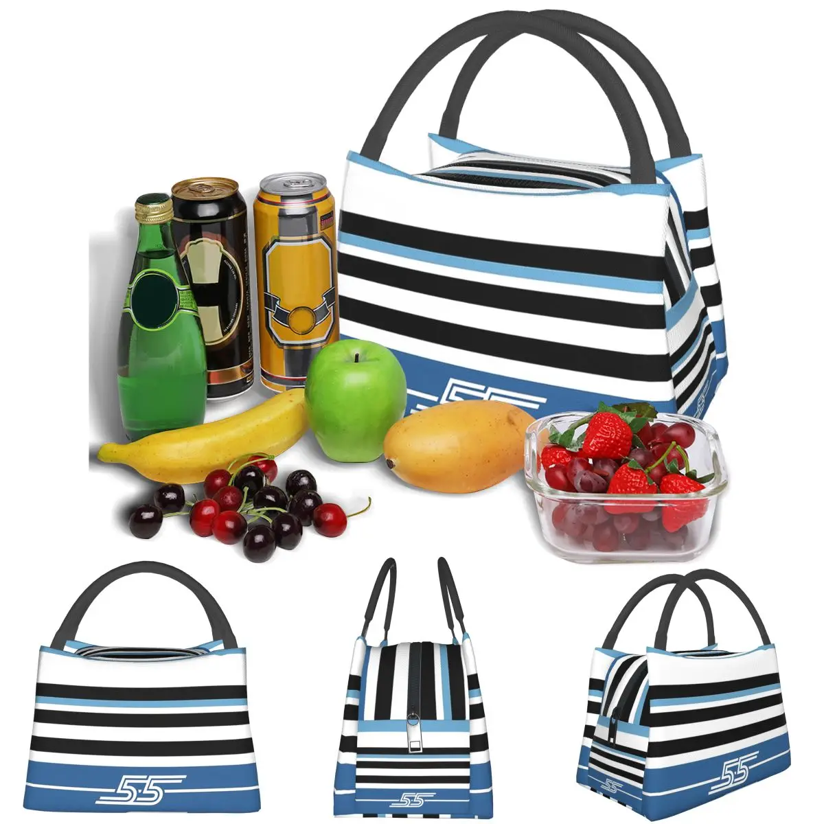 Carlos Sainz 55 Stripe Motif Racing Color Blocks F1 Driver Lightweight Handheld Insulated Lunch Bag Large Capacity Travel Picnic