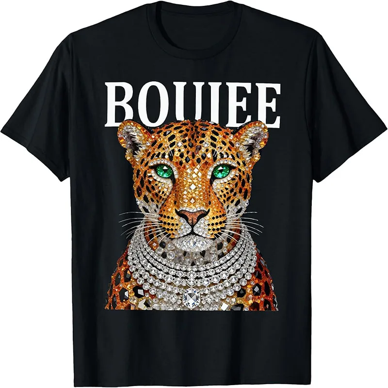 BOUJEE Luxury Diamond Rhinestone Leopard Cheetah Graphic T Shirt Bling Sparkle Wild Cat Short Sleeve Tee Tops