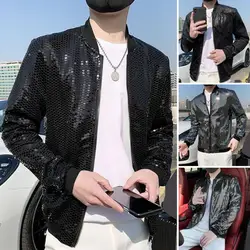 Men Streetwear Night Club Stage Thin Motorcycle Jacket Men Hip Hop Black Sequined Bomber Jacket Zipper Coat Fashion Clothing