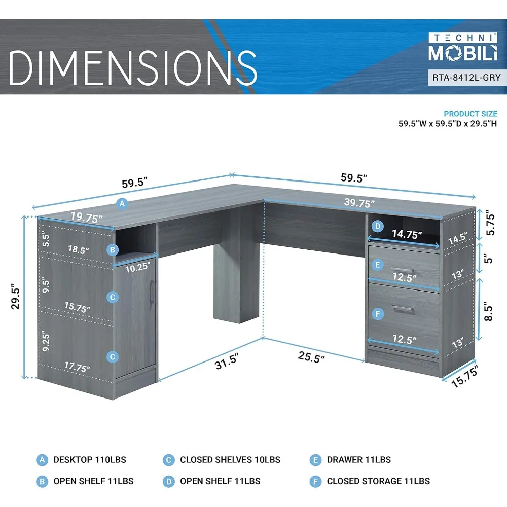 Escritorio contemporáneo gris en forma de L con almacenamiento, 59,5 de ancho por 59,5 de largo