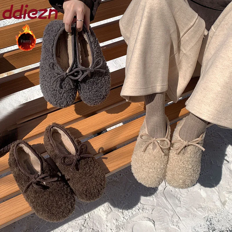 

New In 2026 Female Butterfly-Knot Footwear Plush Ladies Flats Slip On Shoes Soft Fashion Fluffy Flats Women Winter Shoes