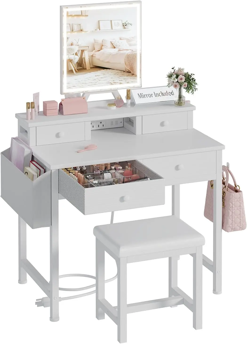 

White Makeup Vanity Desk with Mirror and Lights, Vanity Set with Chair, Make Up Dresser Table with Drawers and Power Outlet