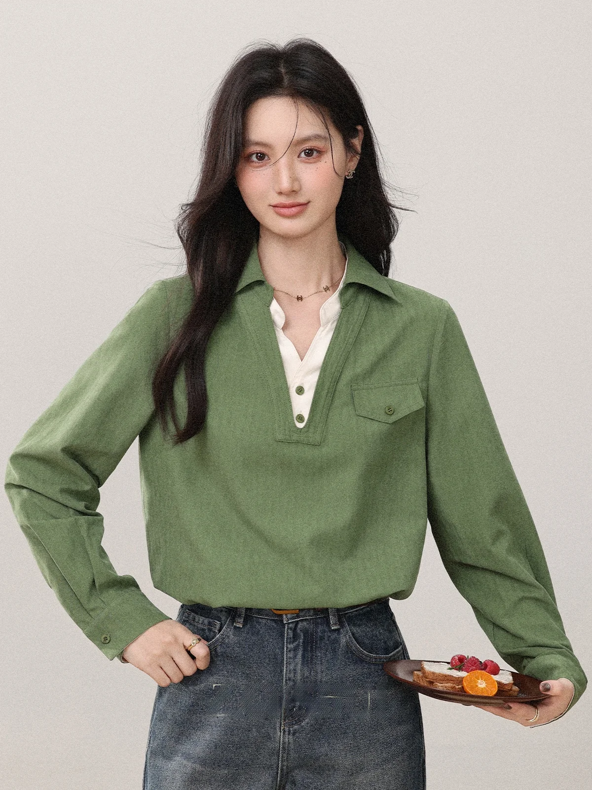 

Spring 2026 New Sle Zhang Soda een Long Sve irt Women's Patchwork Fake Two-Piece Single Wear Casual Loose Fit Blouse