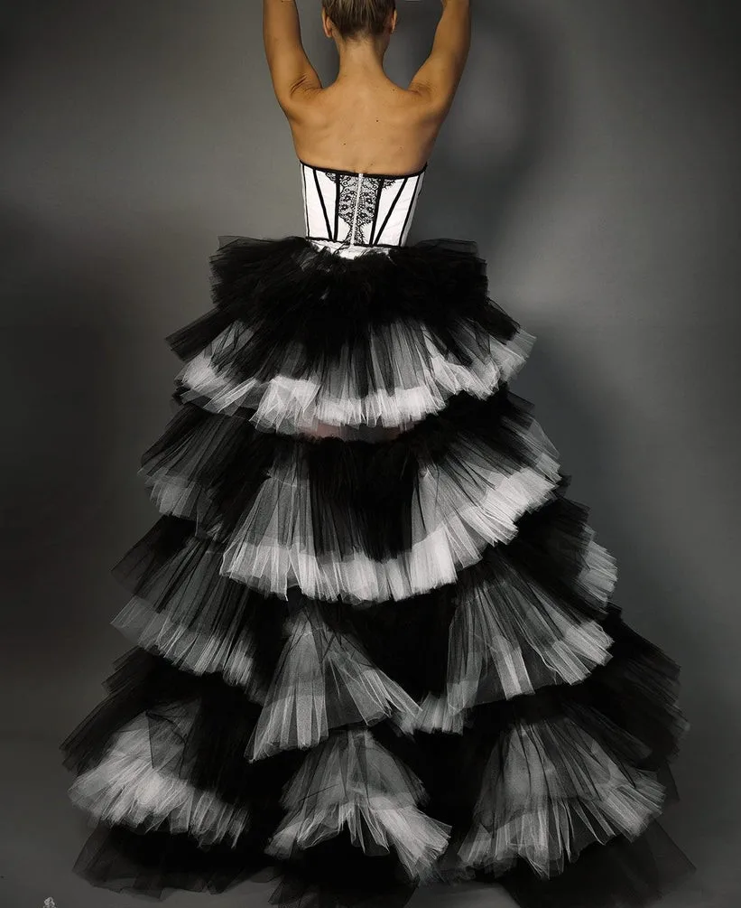 Fabulous Black&White Multi Colored Layered Tulle Detachable Train Puffy Tiered Ruffles Tutu Tille Long Overlay Women Maxi Skirt