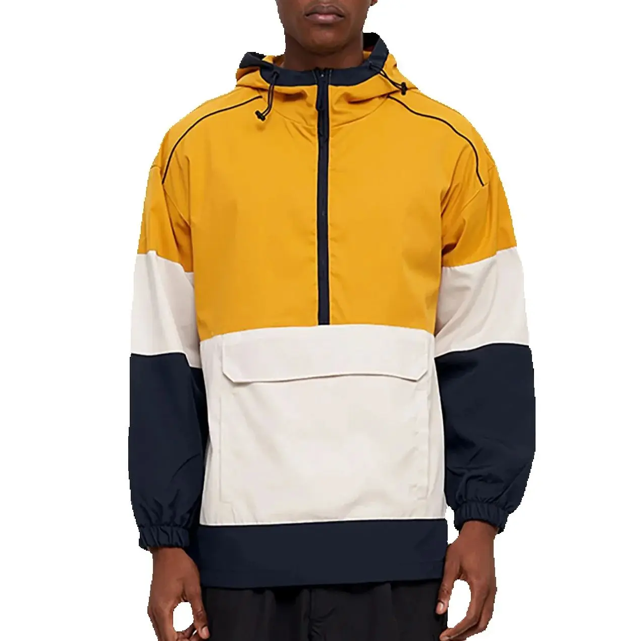 Men's Spring Summer Solid Color Splicing Casual High Collar Hooded Jacket Windproof Rainproof Lightweight Outdoor Sportswear