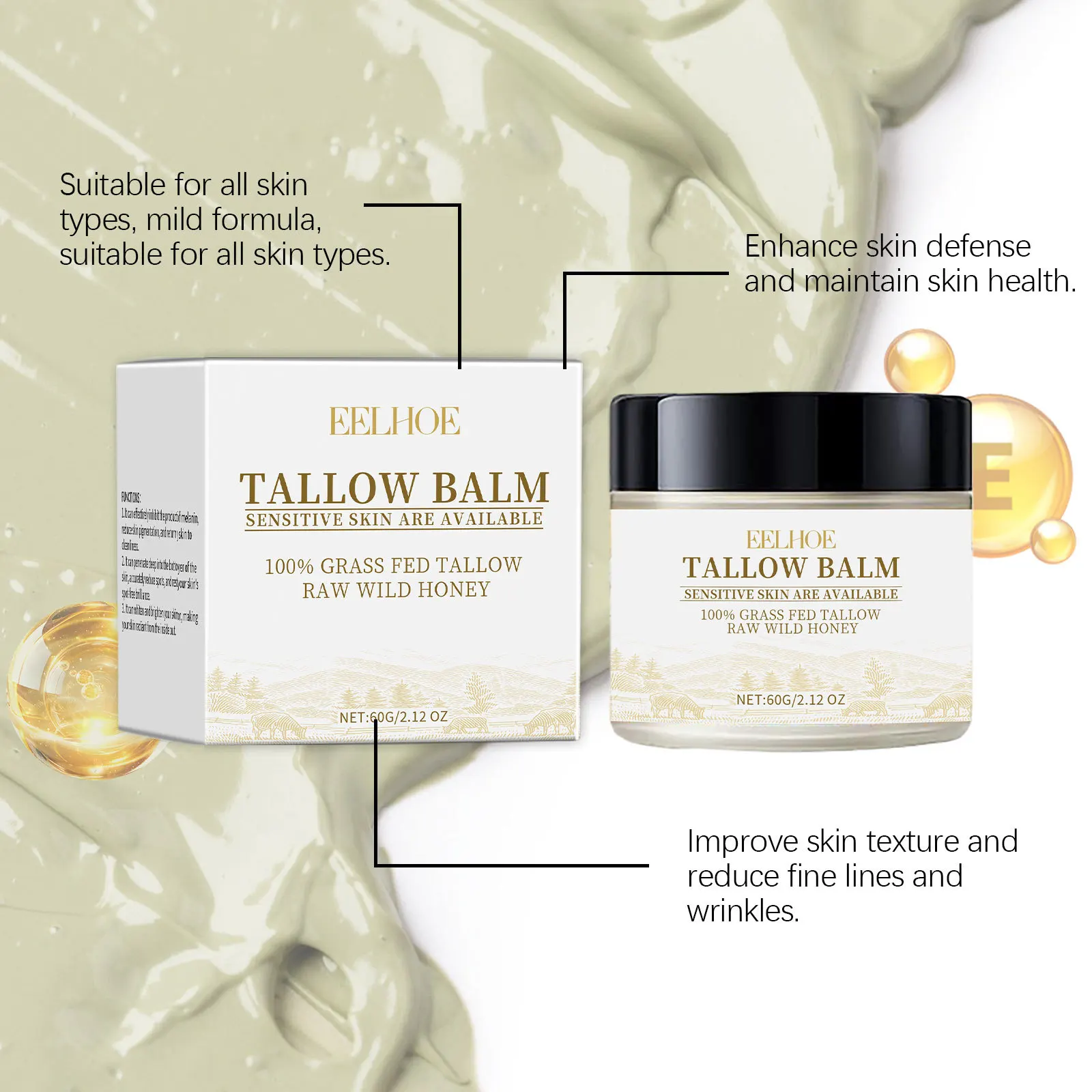 EELHOE Tallow Moisturizer Body Cream for Soft and Smooth Skin with Deep Moisturizing and Nourishing  Anti-aging and Skin Firming