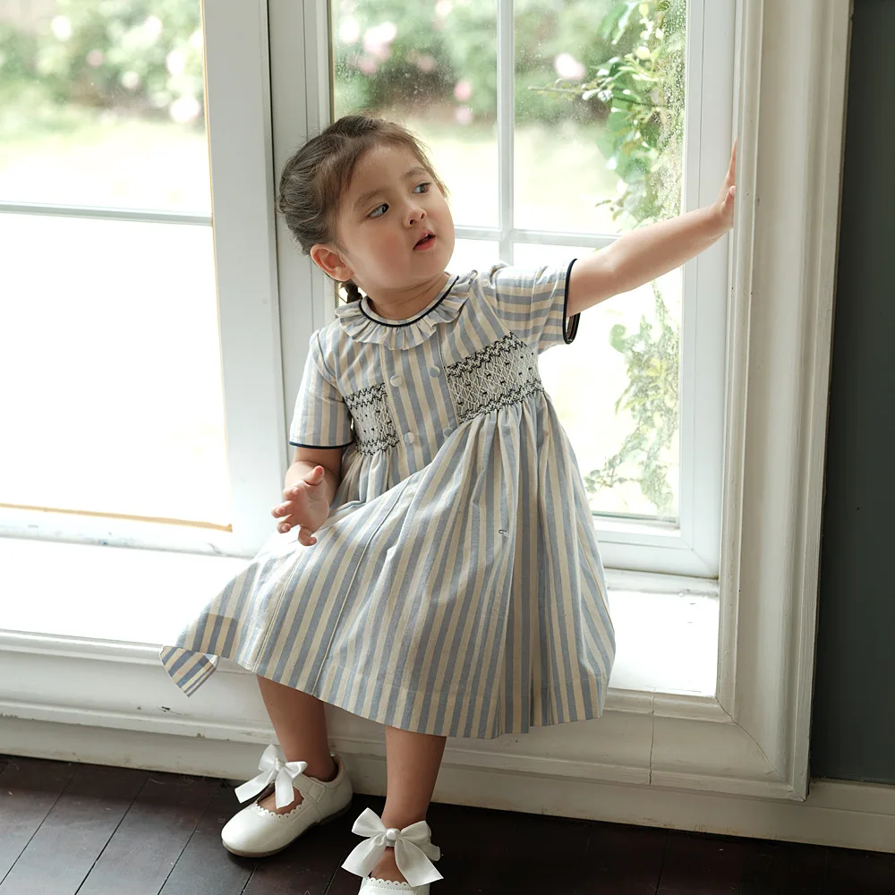 Summer Girls Smocking Dress Short Sleeve Cotton Navy Princess Kids Skirt Lotus Leaf Collar Casual Vacation Children Clothing