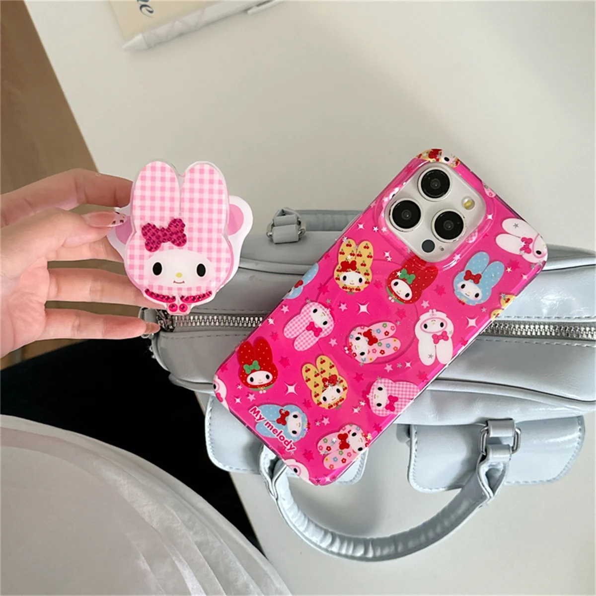 Funda de teléfono magnética con purpurina Sanrio Melody, color rosa, a la moda, para iPhone 16 Pro 15 14 13, con soporte para fundas Magsafe