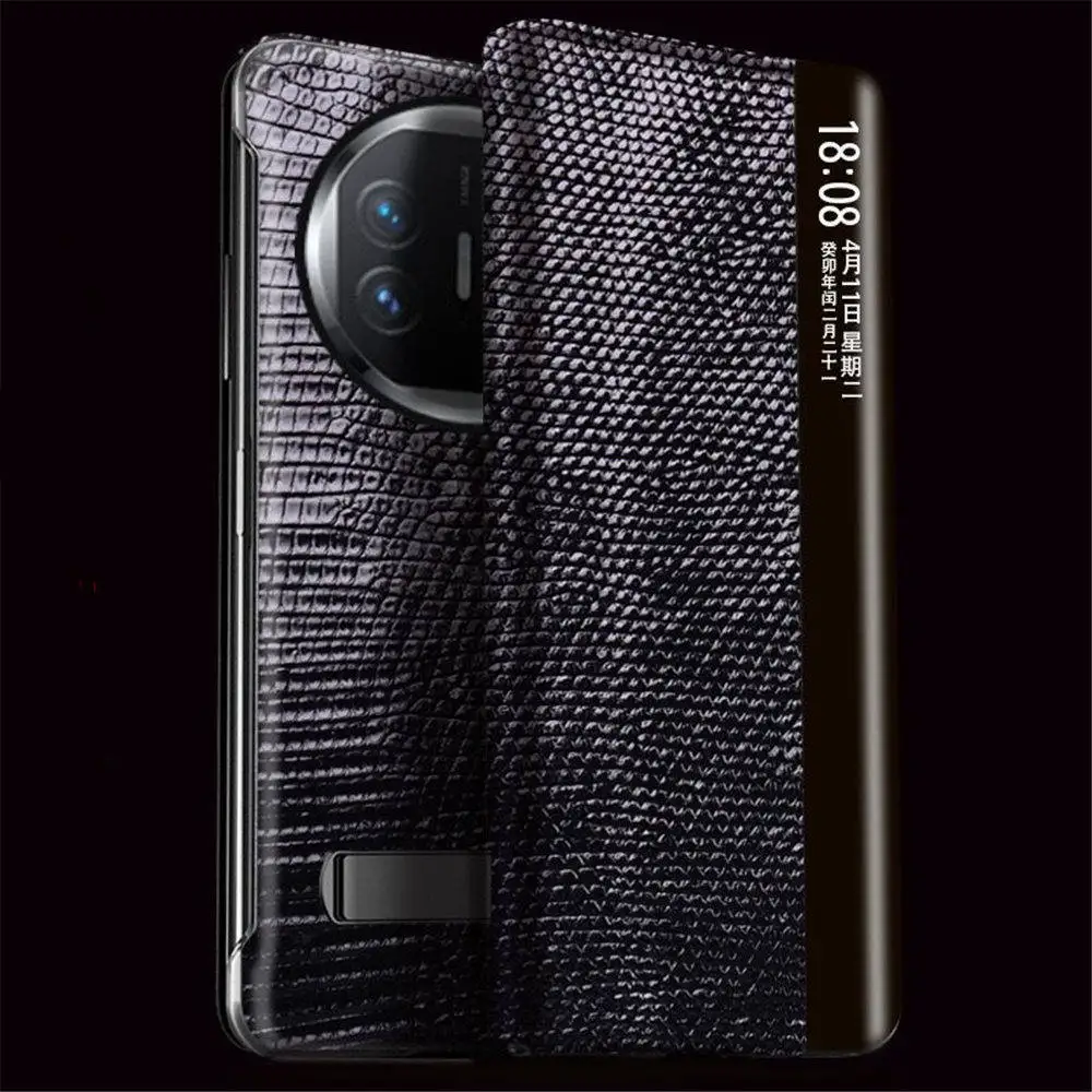 Genuine Real Lizard Skin Leather Flip Case for Huawei Mate X5/X3 Window View Holder Cover