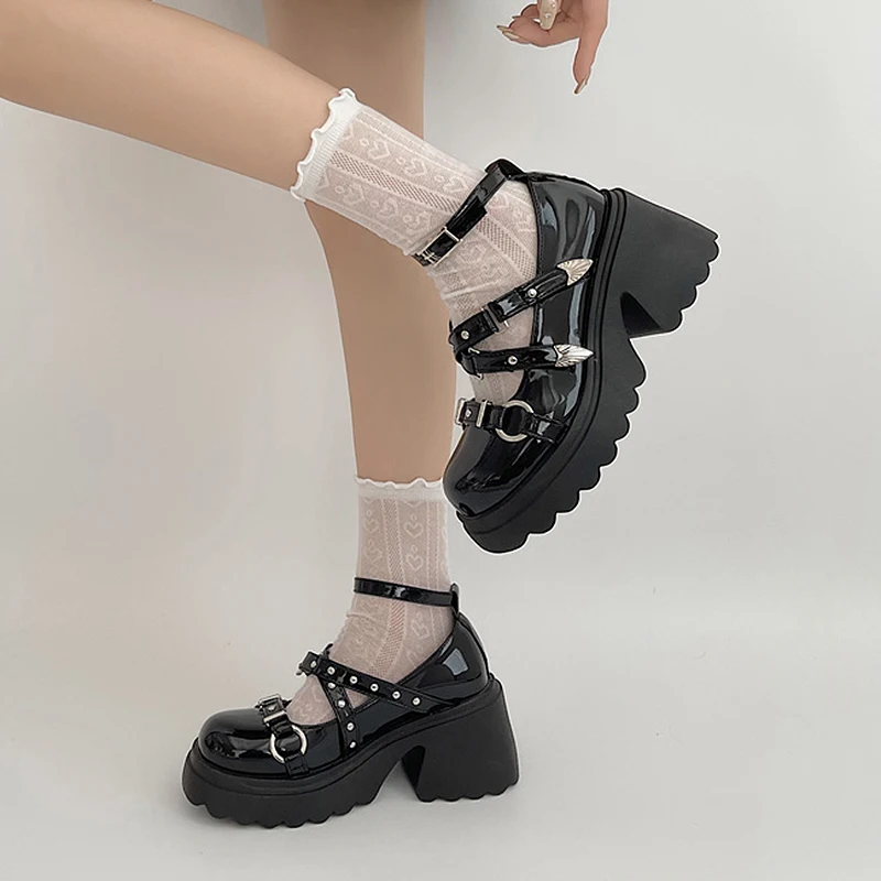 Punk Gothic Chunky Platform Pumps for Women Ankle Strap Thick Heeled Mary Jane Shoes Woman Y2K Metal Rivets Lolita Cosplay Shoes