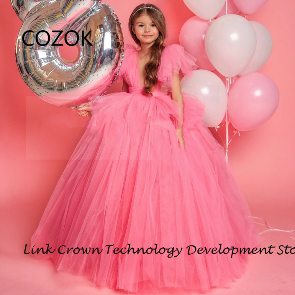 

COZOK V Neck Pink Flower Girls Dresses with Soft Tulle 2024 Summer Sleeveless Happy Dress For Christmas Day فستان عيد الميلاد