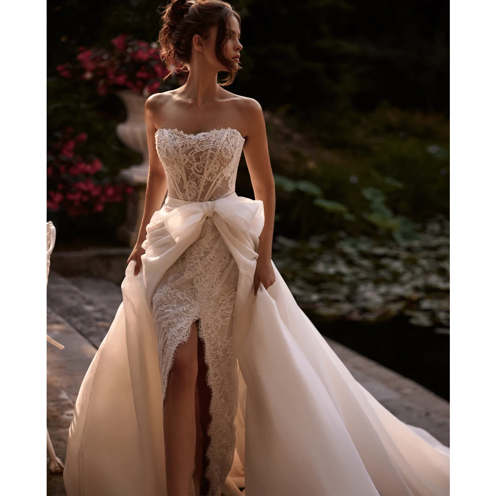 

Bowith 2in1 Detachable Train Wedding Dresses with Puff Sleeves Strapless High Slit Luxury Lace Customized vestidos de novia