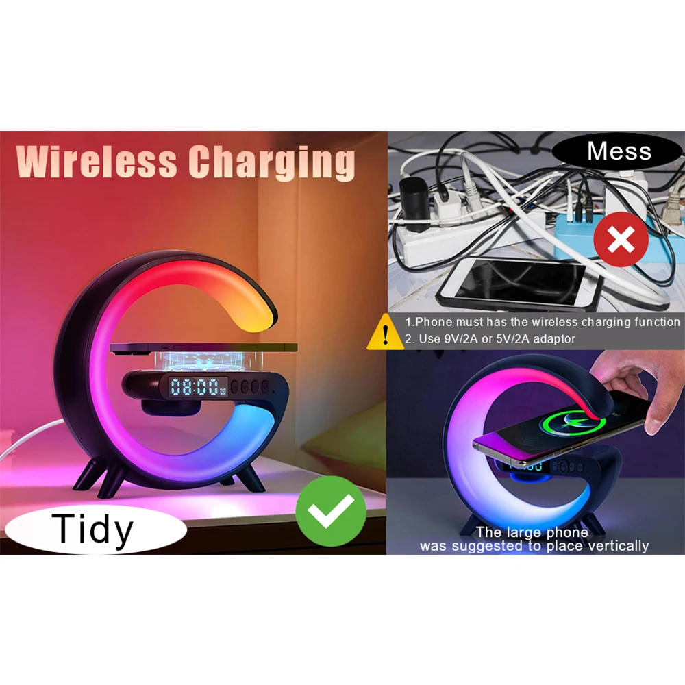 ساعة منبه لشروق الشمس وغروب الشمس، أصوات طبيعية للنوم الجيد، اتصال لاسلكي، مكبر صوت شحن لاسلكي صغير محمول، ضوء محيط ملون