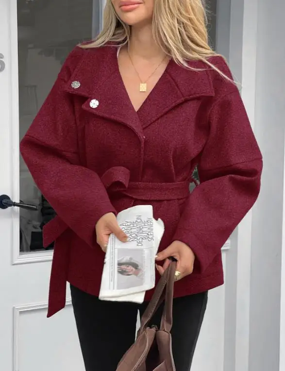 Elegante winterstijl wollen jas met veters en lange mouwen met modieus temperament, korte jas in Britse stijl met taille