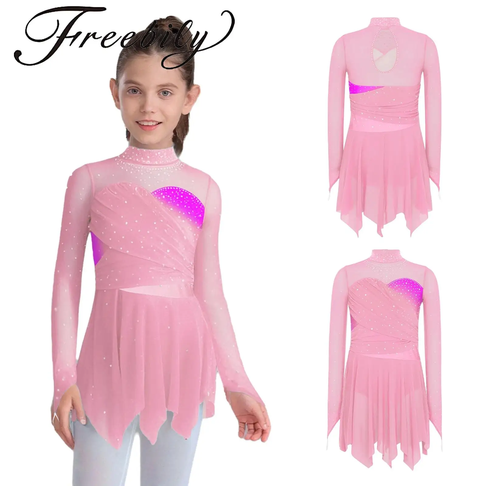 

Kids Girls Ruched Mesh Dance Dress Figure Skating Mock Neck Long Sleeves Sparkly Rhinestones Irregular Hem Lyrical Dress
