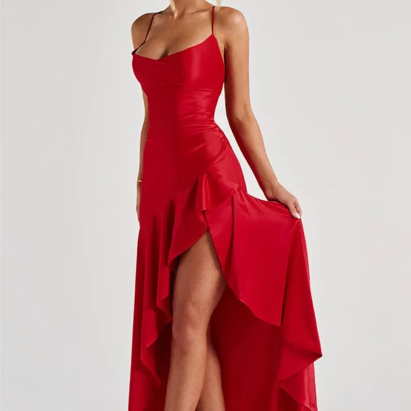 สายสปาเก็ตตี้ต้นขาสูงแยกชุด Maxi เซ็กซี่ผู้หญิงซาตินยืดหยุ่นสูงแขนกุด Backless Club Party Dress