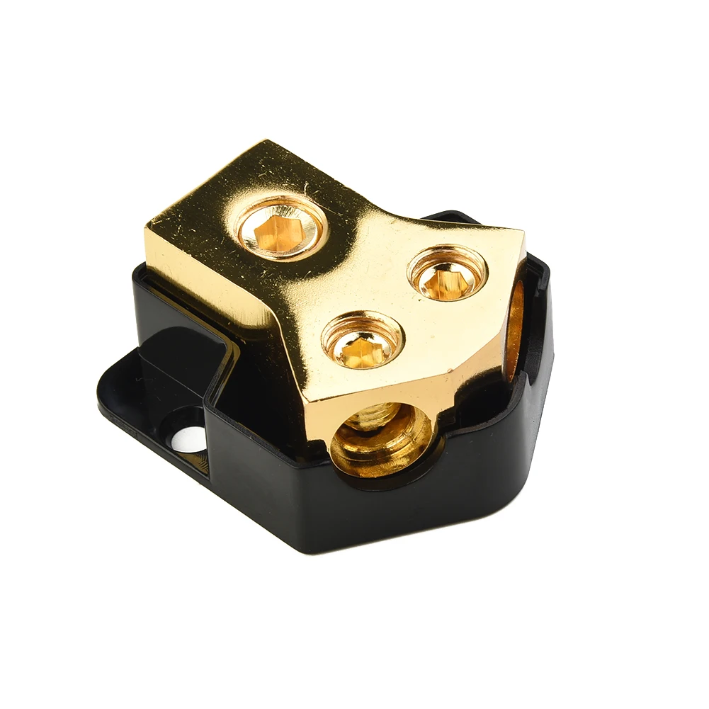 1pc 2 Way High Performance Car Audio Power/Ground Distribution Block 1-0/2/4 Gauge In, 2-4/8 Gauge Out, Solid Brass, Gold-Plated