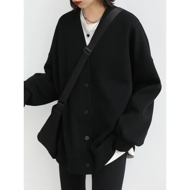 Korean Autumn Winter Women's Sports Coat Casual Loose V-neck Sweatshirt for Women Thick Warm Tops Office Lady Female