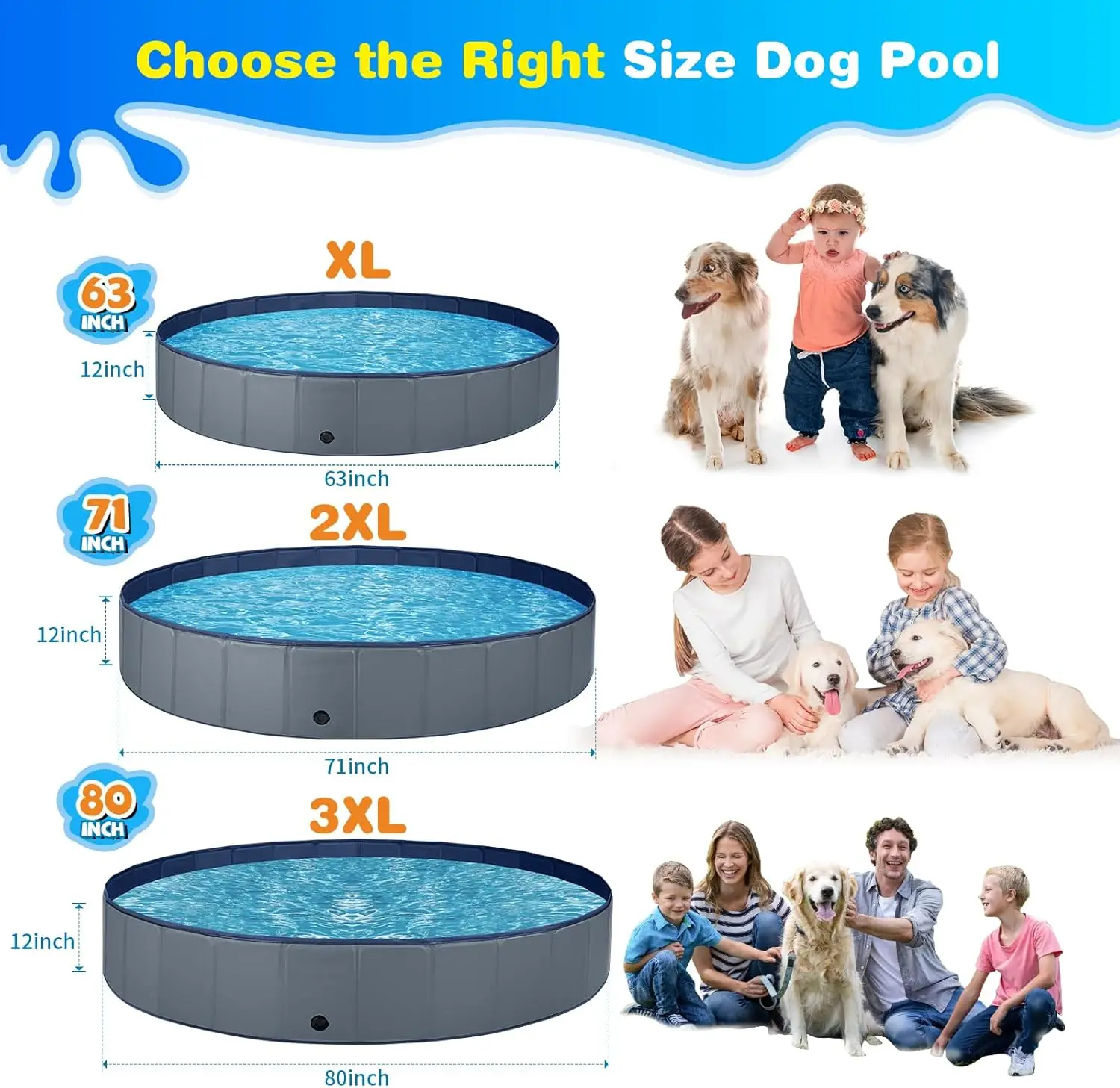 Dog Pool for Large Dogs Kiddie Pool Hard Plastic Foldable Dog Bathing Tub Portable Outside Kids Swimming for Pets and Dogs Outdoor Backyard view 3