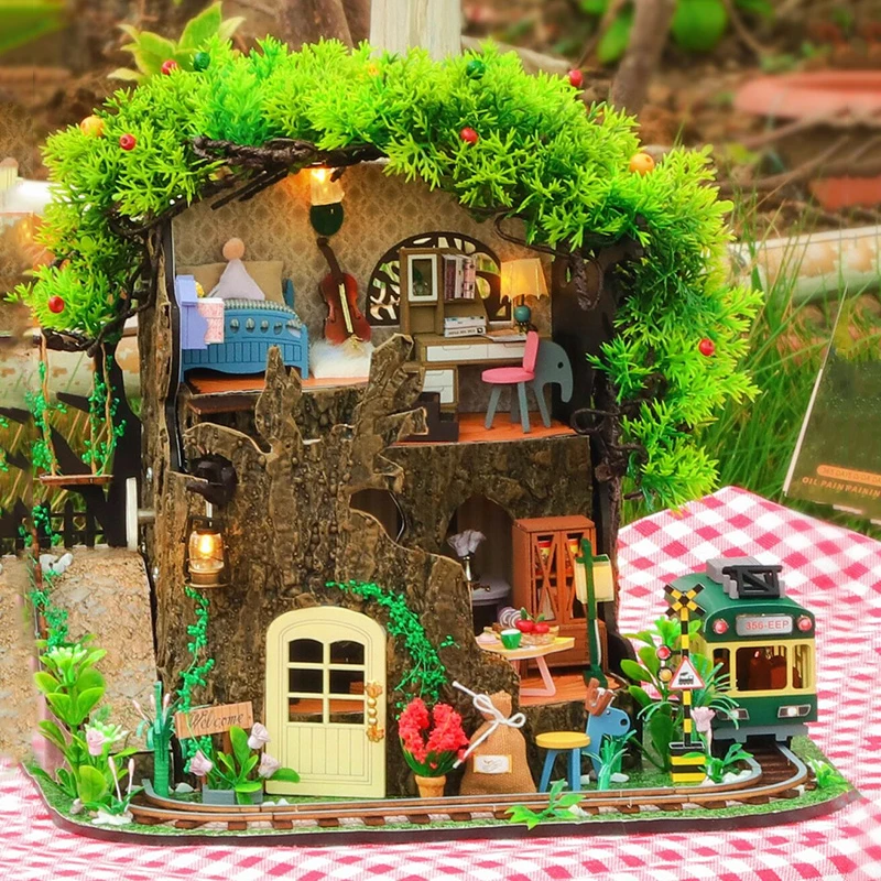 Maison de poupée Miniature en bois pour enfants, bricolage avec Kit de meubles, modèle de Villa en forêt, jouets d'assemblage, cadeau de noël, Casa