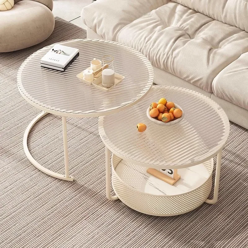 Cream wind coffee table living room household round glass combination table small apartment mobile sofa side table