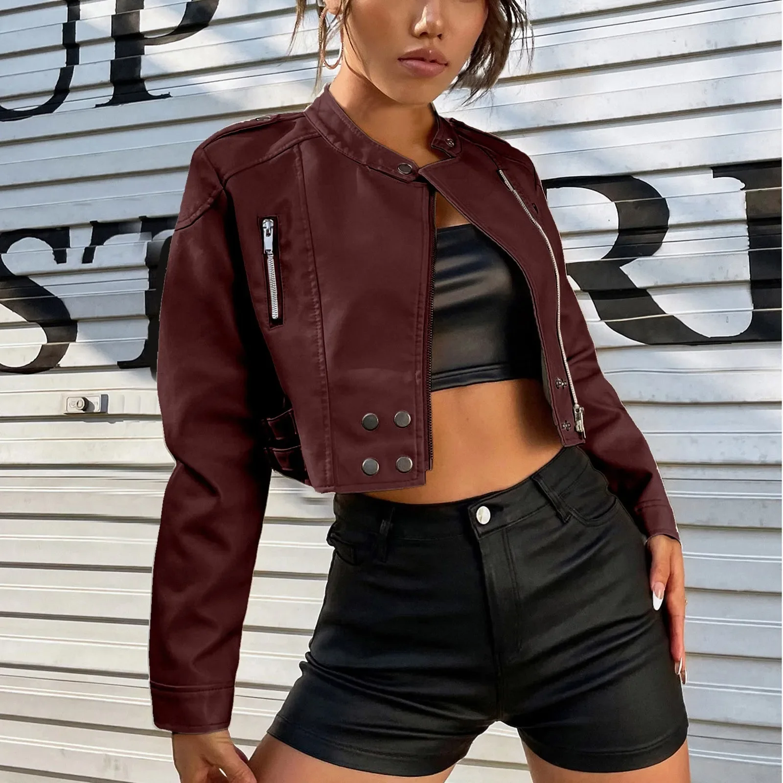 2024 Women Vintage Loose PU Faux Leather Short Jacket with Belt Streetwear Female Zipper Retro Moto Biker Coat Outwear Tops