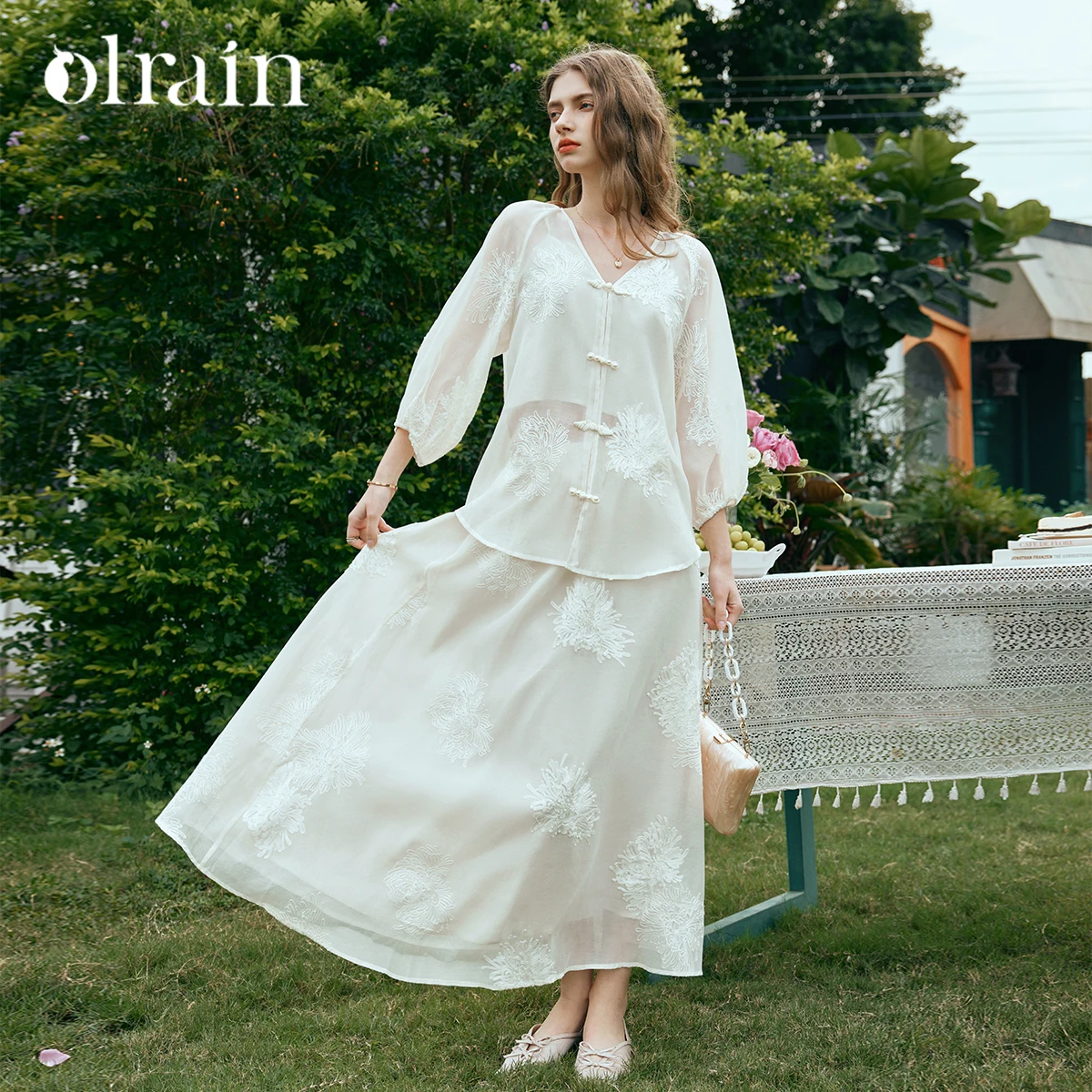 OLrain Women 2026 Summer Chiffon Embroidery V-neck Tops A-line High Waist Skirts Chinese Style Female Matching Set O24CE88503