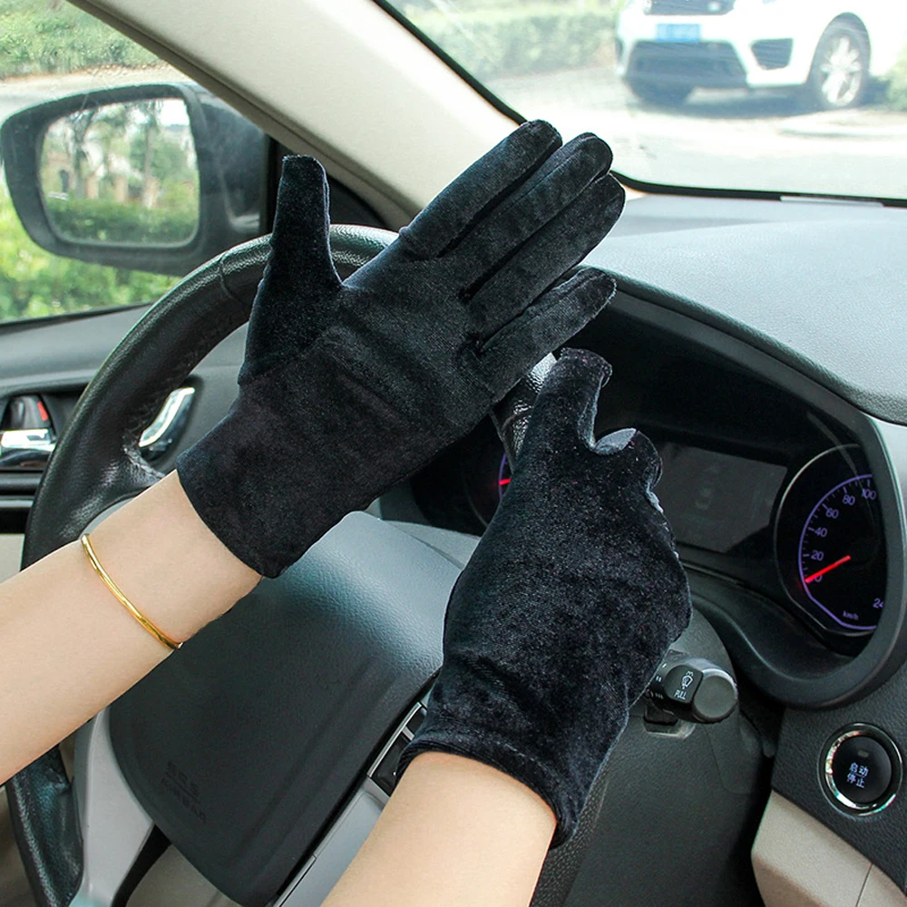 Gants de cyclisme en velours doré pour femme, mitaines de conduite, doigt complet, élastique, chaud, fête, automne, hiver