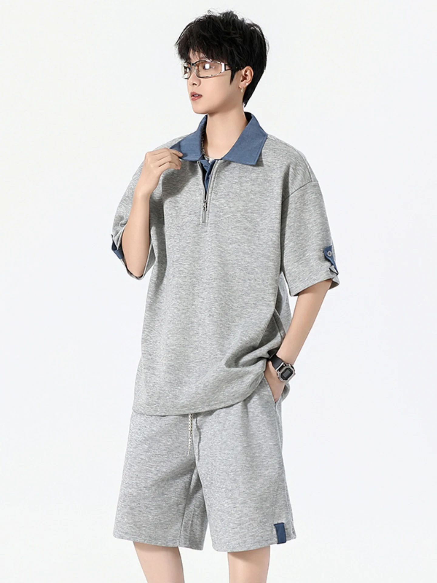 

American Color Block Fake Two-Piece Shirt Short Sleeve Men's Sport Set Student Casual Half Sleeve Top Matching Set