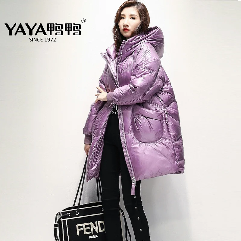 

YAYA 2022 Women Puffy Down Jacket With Hood Loose Style Winter Medium-Length Pure Color Warm Coat Padded Parkas