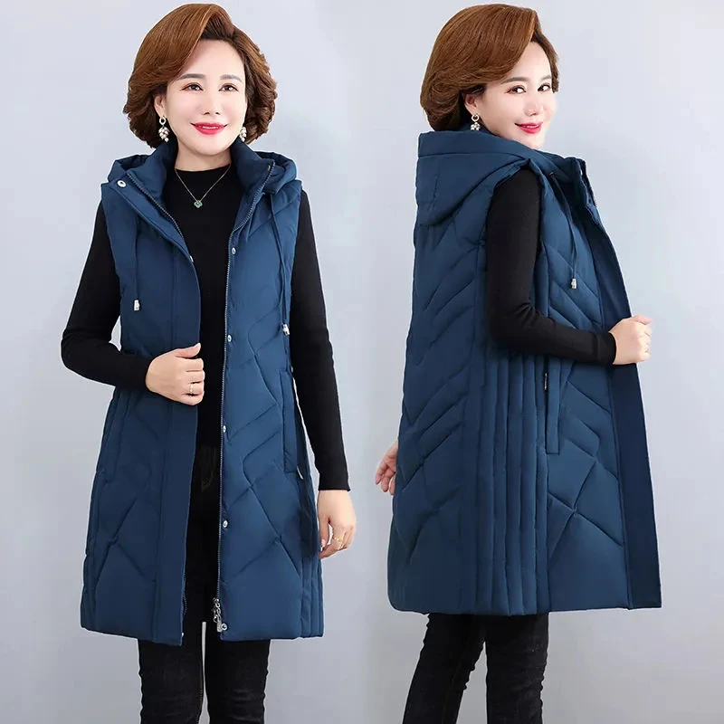 

Middle-aged Women Winter Down Cotton Vest Jacket Thick Parka Hooded Female Sleeveless Jacket Long Waistcoat Mother Coat 5XL 6XL