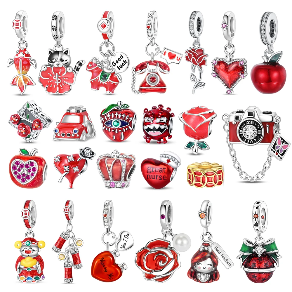 Red Series 925 Sterling Silver Camera Apple Heart-Shaped Koi Firecracker God Wealth Charm Fit DIY Bracelet Necklace Party Gifts