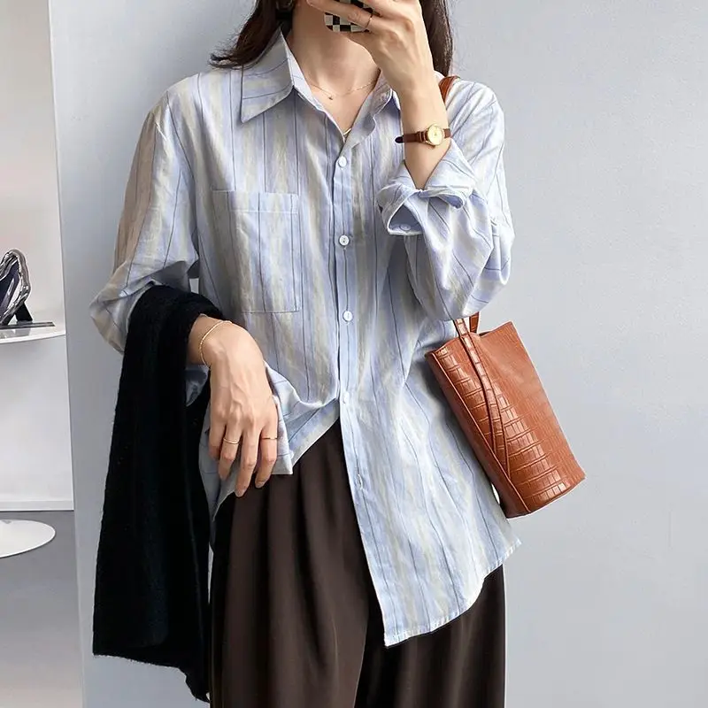 Blue Vertical Stripe Blouse Women 2023 Korean Sense of Design Minority Polo Collar Single-breasted Pocket Lady All-match Shirt