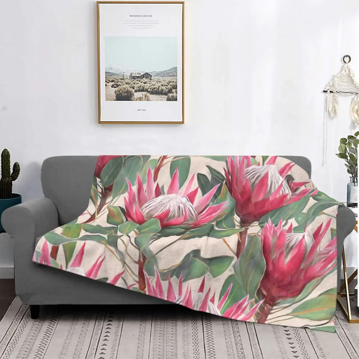 Protea Blanket Fleece Flannel Lightweight Ultra-Soft Painted King Proteas On Cream Throw Blankets For bed Plush Thin Quilt