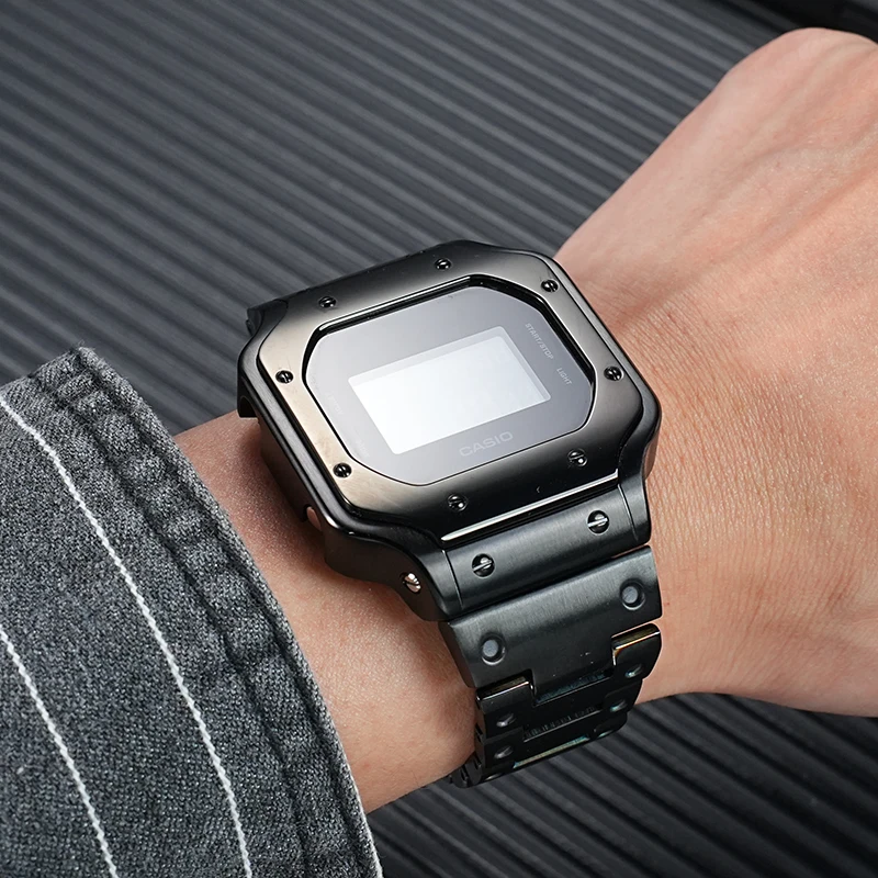 Zestaw modowy Metalowa Obudowa Zegarka Zestaw do Casio G-SHOCK DW5600 GW-B5600 Pasek ze Stali TPU Modyfikowany Bezel ze Stali Nierdzewnej Nitowany Pasek do Zegarka