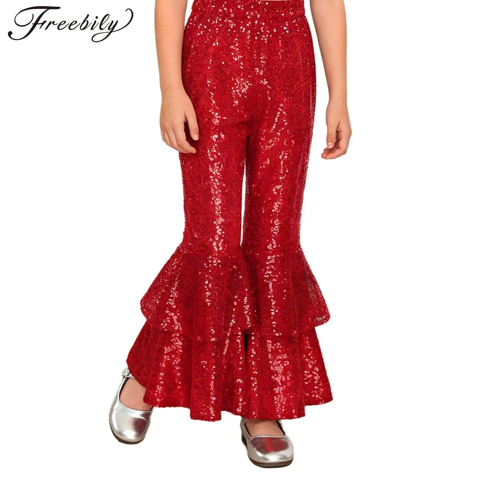 

Flares for Hip Hop Street Dancewear Kids Jazz Dance Party Costume Girls Sequins Flared Pants Elastic Waistband Shiny Trousers