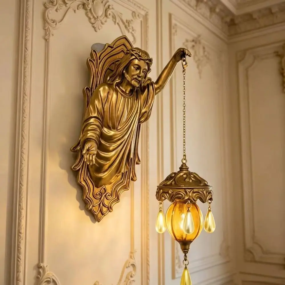 Vintage Religious Figure Led Wall Lamp Church Style Crystal Pendant Christ Themed Lamp Fade Resistant Soft Light