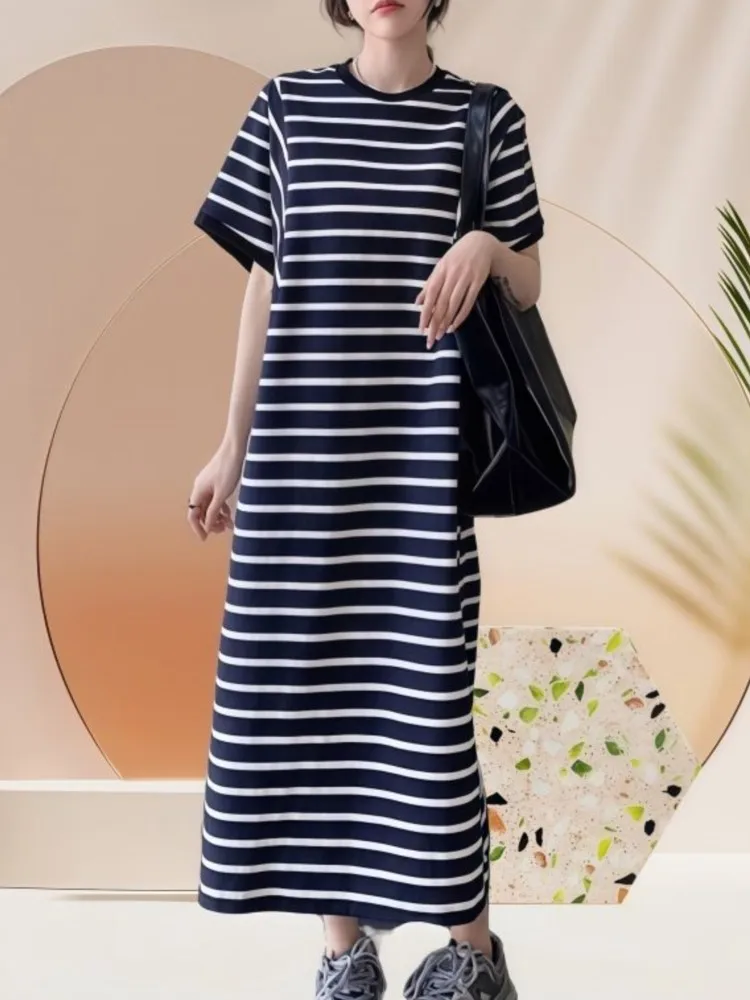Spring Summer Blue And White Striped Loose Midi T-Shirt Dress Short Sleeve Maxi Dress New Arrival Women's Clothing Dress