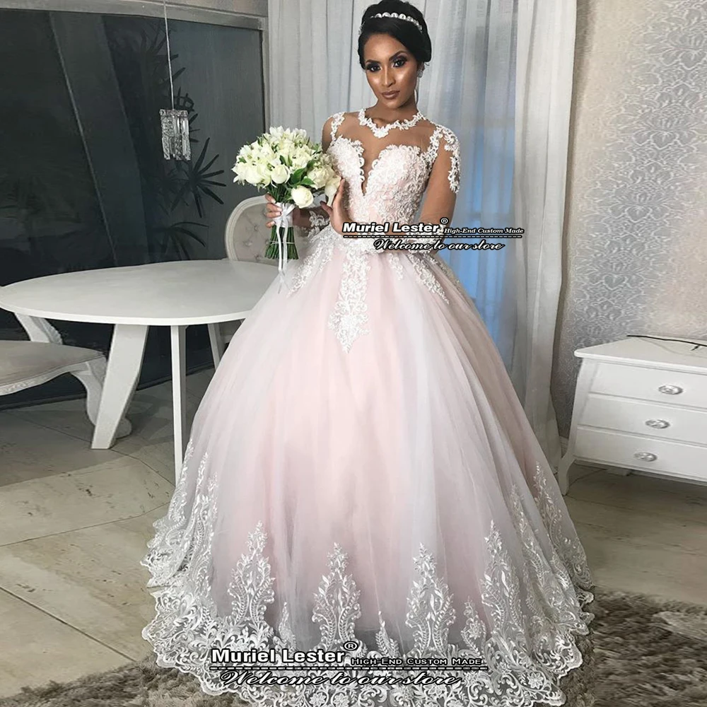 Hồng Cổ Điển Áo Váy Full Tay Cổ Tròn Một Dòng Áo Dài Cô Dâu Tự Làm Appliques Áo Dây Princesse Femme Càn Quét Tàu đầm