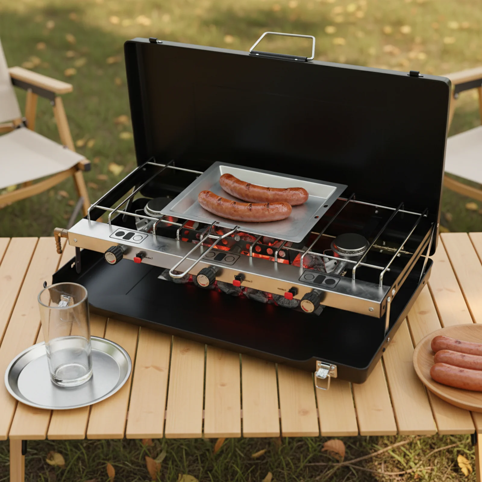 Faltbarer Tragbarer 3-Brenner Gas-Campingkocher Tischkocher für Draußen Propan-Butan-Kompatibel für Picknick Wandern Grillen