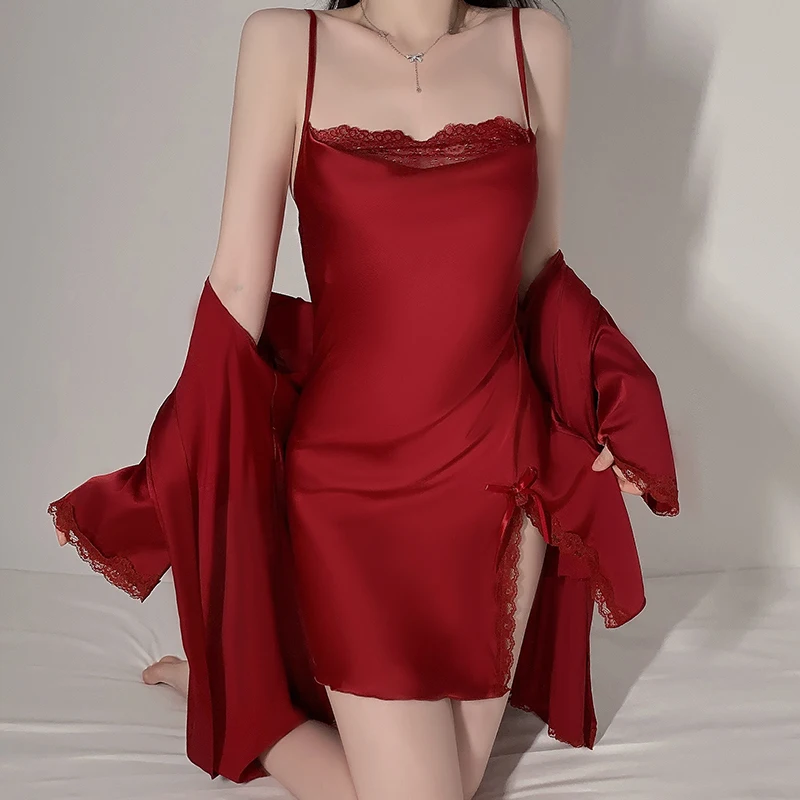 

REBEYULI бренд 2025 атласная одежда для сна женская ночная рубашка комплект халат роскошное платье на тонких бретельках спальное платье для женщин