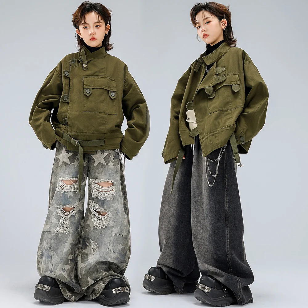 Children Boys Girls Streetwear Hip Hop Vintage Motorcycle Jacket Jeans Sets Kids Spring Coat Trousers Stage Clothes Costume