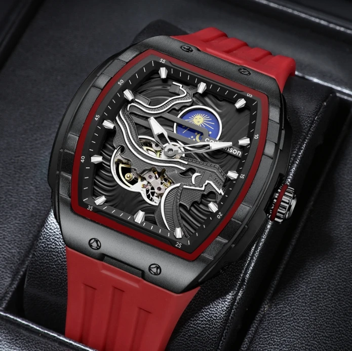 2025 Business Fully Automatic Mechanical Watches, Wine Barrel Type Luminous Waterproof Skin Friendly Silicone Tape Men's Watch