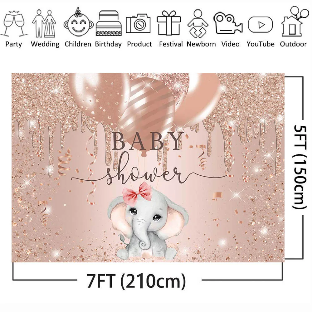 Mocsicka Baby Shower Backdrop Rose Gold Glitter Balloon Elephant Photography Background Girl Birthday Party Decoration Backdrops