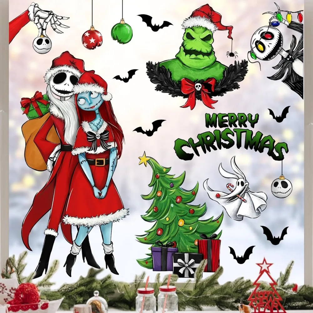 121 Uds. Feliz Navidad Nigh.tmare BEF.ore pegatinas navideñas para ventana 9 hojas, pegatinas de calavera de árbol de Navidad Jack Sally, calcomanías decorativas