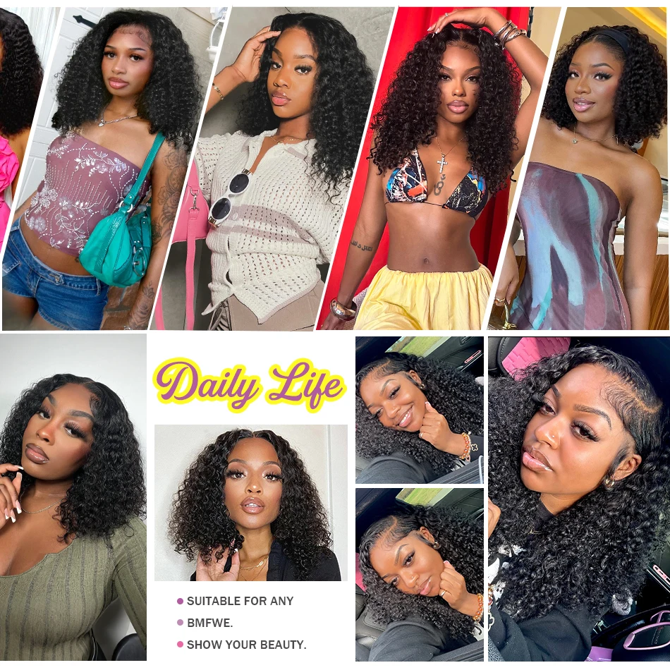 Perruque Bob Lace Frontal Wig naturelle Remy bouclée, cheveux courts, Deep Wave, densité 200, 13x4, pre-plucked, 13x6